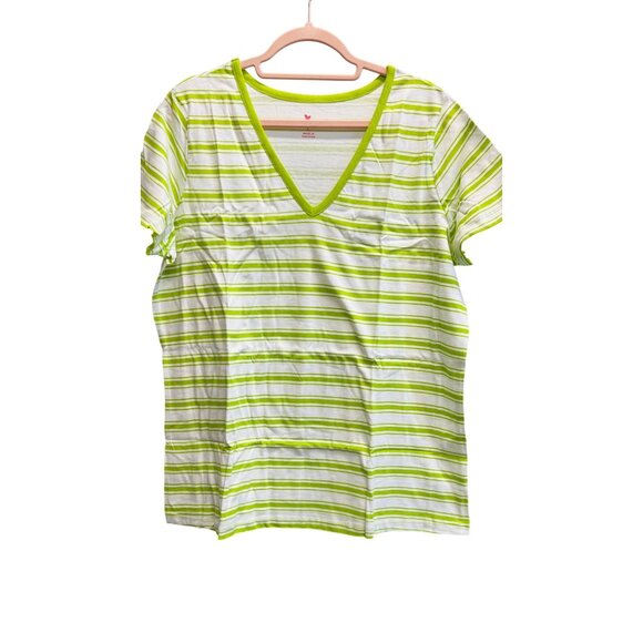 Woman Within Tops - Woman Within Green & White Striped V-Neck T-Shirt Short Sleeve Size Large